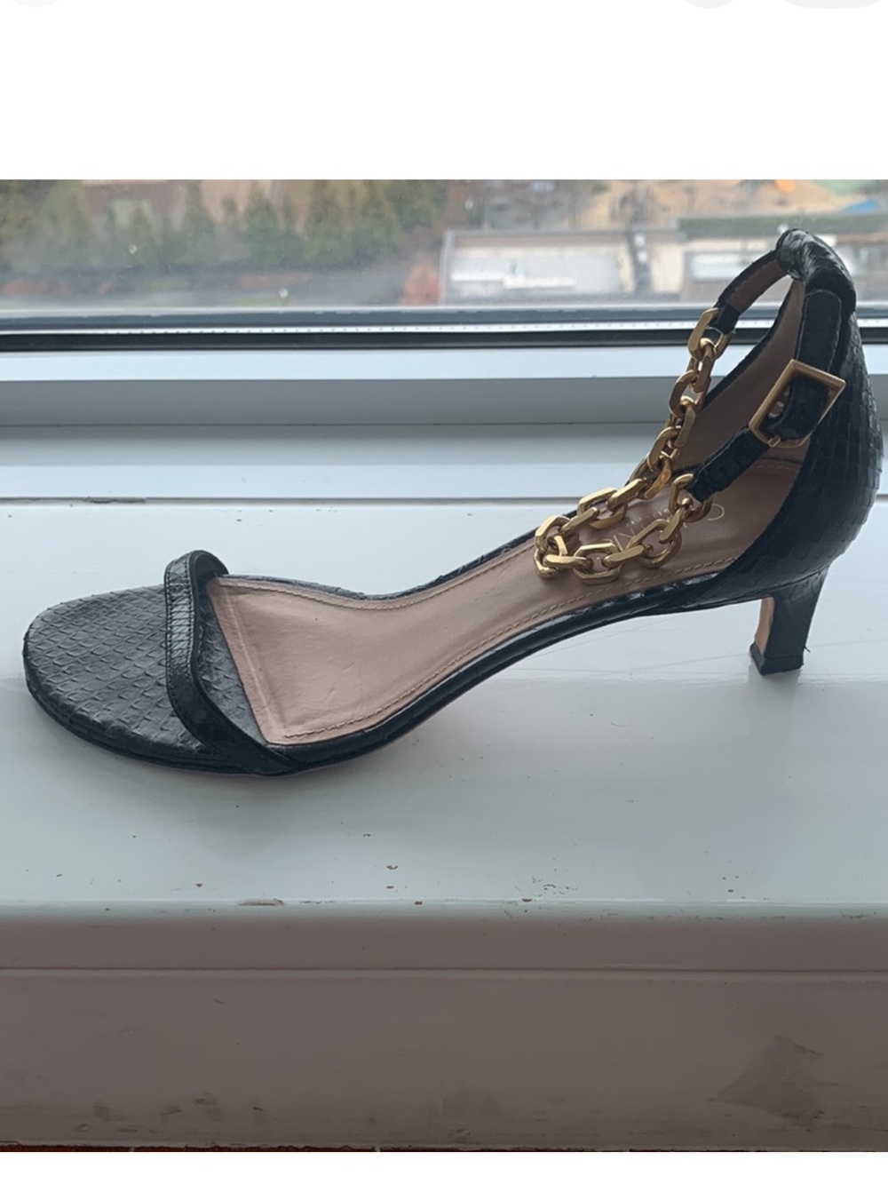 Calvin Klein Collection Black Open-Toe Ankle-Strap Sandals with Gold Chain - Picture 6 of 7